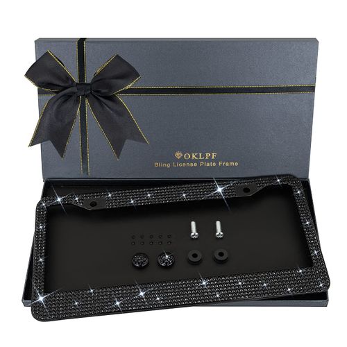 Bling License Plate Frame for Women, Sparkly Stainless Steel License Plate Frames| Over 1200 pcs 14 Facets Bedazzled Clear Glass Rhinestone Crystals w/Free Glitter Diamond 1PCS Box (Black)