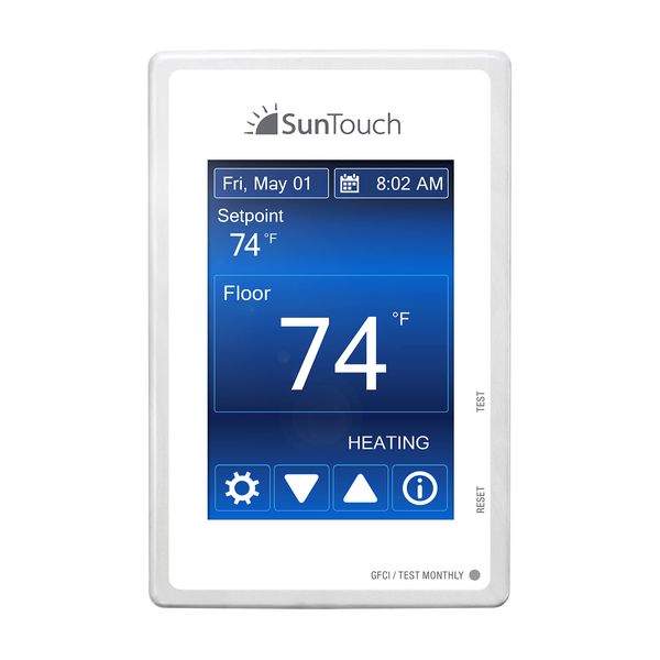 SunTouch Command Touchscreen Programmable Thermostat [universal] Model 500850 (low-profile, user-friendly floor heat control, 120/240V, bright white + paintable beauty ring) includes floor sensor