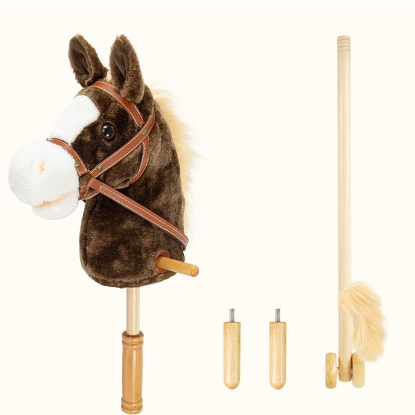 Kids Toy Horse, Plush Horse Riding Stick with Ponytail, Handsewn Head, Sturdy Wood Stick, Plus Neighing & Clip-Clop Sounds, Dark Brown