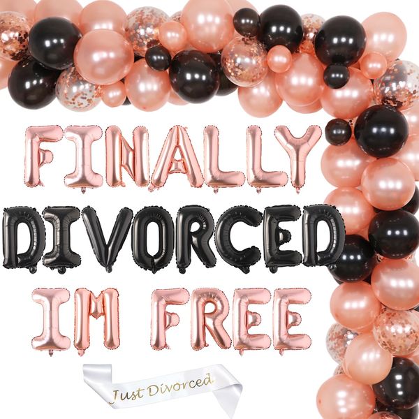 Divorce Party Decorations for Women Men, Finally Divorced Im Free Foil Balloons Banner Black Rose Gold Balloon Garland Arch Kit Just Divorced Sash for Women Divorce Celebration Supplies