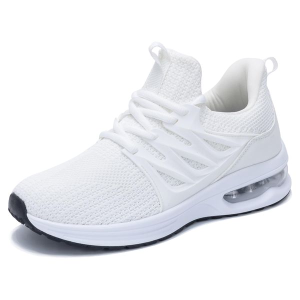 GOOBON Womens Running Trainers Air Cushion Ladies Walking Shoes Breathable Lightweight Sport Sneakers for Tennis Gym Casual White Size 7 UK