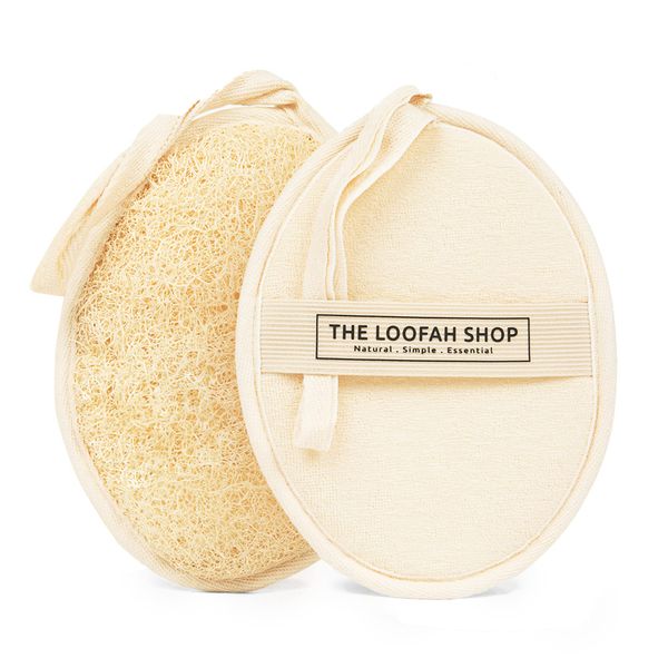 The Loofah Shop Bath Loofah Sponge, Exfoliating Body Scrubber, Shower Luffa for Men, Women and Kids Made of Eco-Friendly Natural Egyptian Loofah with Cotton Travel Pouch, 7" x 5.25" (2 Pack)