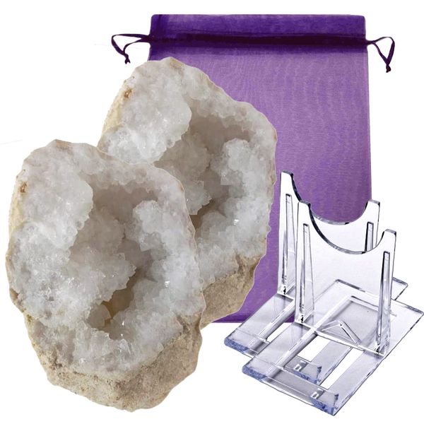 Naturheilmittel Heilsteine Methusalem Neu-Ulm Kristall Geode BERGKRISTALL Drusen-Paar ca. 800-1000g mit funkelnden Kristallen in Edelstein Qualität 5-tlg Set mit Ständer + Stofftäschchen. BKG-L