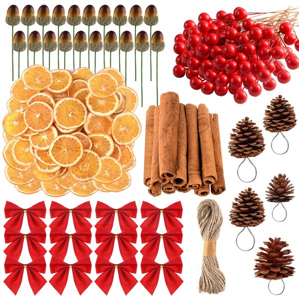 CHRORINE 218 Pcs Christmas Wreath Making Supplies Artificial Berries Acorn Ribbon Bows Wreath Accessories for Xmas Tree Wreath Craft Party Decor