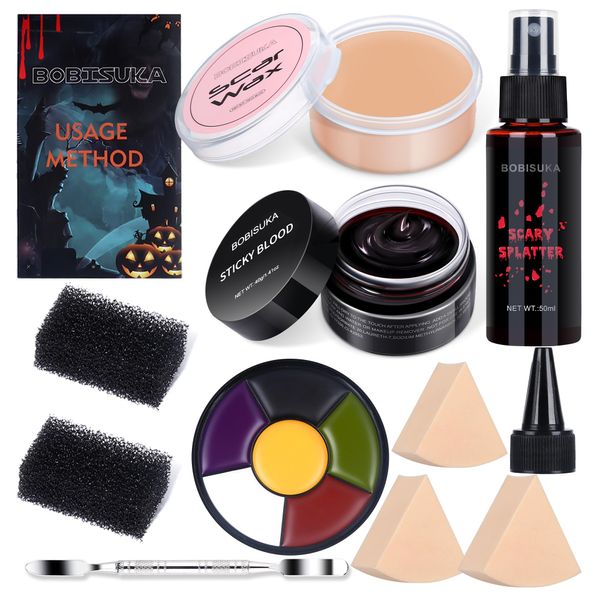 BOBISUKA Demonic Special Effects SFX Halloween Makeup Kit - 5 Colors Bruise Makeup Face Body Painting Palette + Scar Wax with Spatula Tool + Fake Blood Splatter Spray + Fake Blood Cream +Stipple Spong