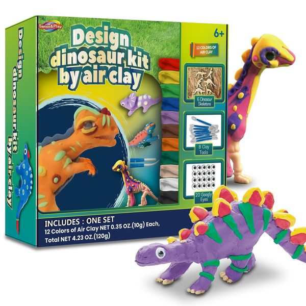 Sense&Play Dinosaur Arts & Crafts Air Dry Clay for Kids Kit with 12 Clay Colors Model Ultra-Light Soft Modeling Clay Kit Non-Toxic Arts & Crafts DIY Model Magic Clay Dino Gifts for Boys and Girls 6+