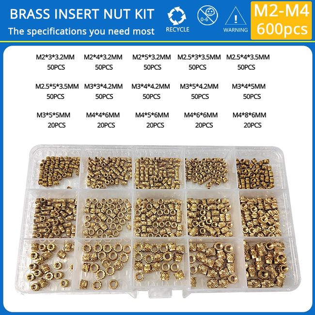 330PCS Knurled Brass Threaded Insert Nuts Set M2 M3 M4 M5 Brass Insert Nut  Injection Molding Assortment Kit