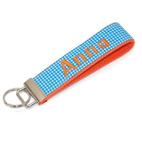 Blue Gingham Check Keychain Wristlet Personalized Key Fob with Your Choice of Name and Color