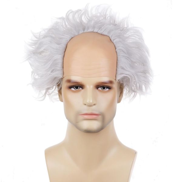 RightOn Silver Gray Wig with Bald Cap Costume Wig for Men and Women Short Curly Wig Silver Gray Wig Bald Cap Wigs for Cosplay Halloween