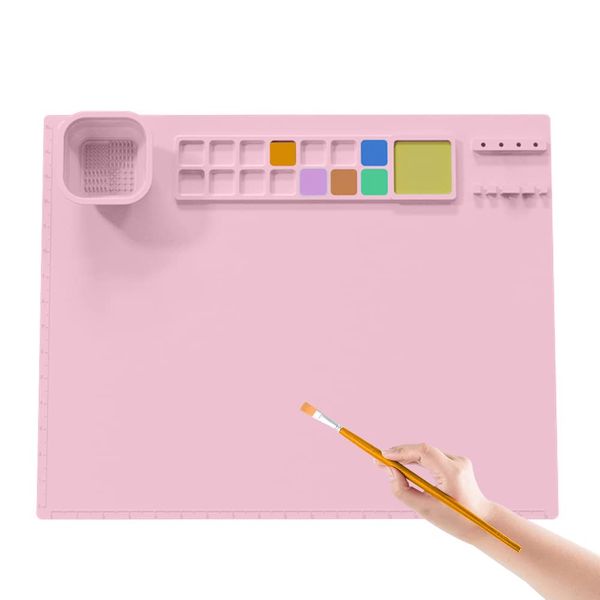 Hapihom Silicone Craft Mat 20"X16" Kids Silicone Art Mat with Foldable Cup and Brush Holder Color Dividers Heat-Resistant Craft Mat Painting Mat for Painting Art Clay Pink