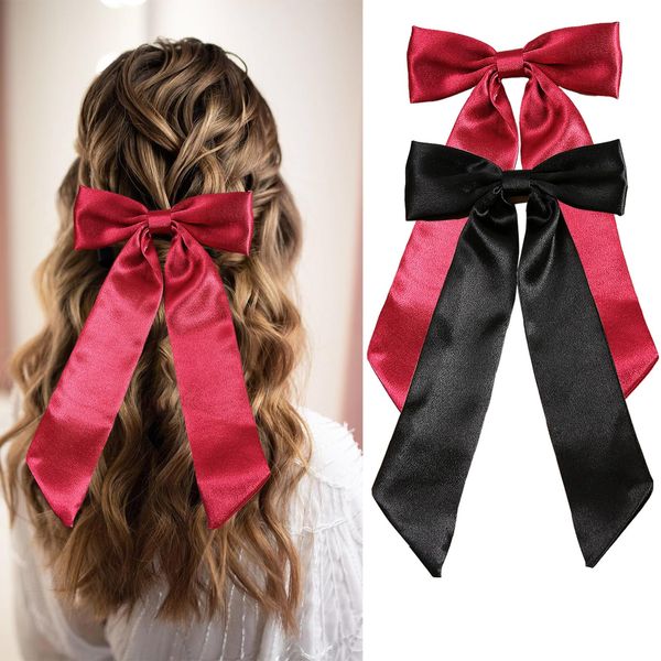 AOREAS 2Pcs Bowknot Hair Bows for Women Soft Silky Stain Bow Hair Clips with Long Tail,Red Black Bow Alligator Hair Ribbon Barettes Party Wedding Prom Daily Wearing Hair Accessories