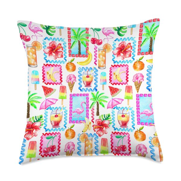 Tropical Fruit Patchwork Collage European Summer Coquette Throw Pillow