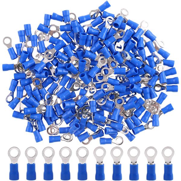 Hilitchi 100Pcs 16-14AWG Insulated Terminals Ring Electrical Wire Crimp Connectors (Blue, M5)