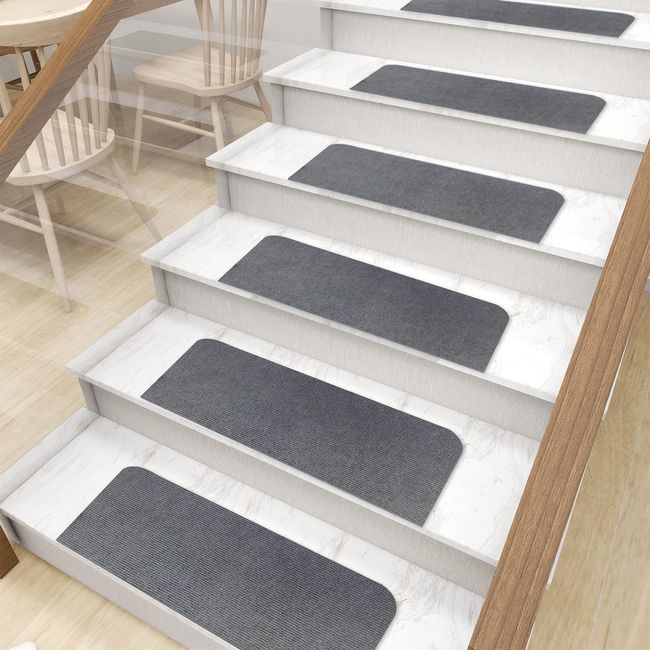 YOXU Stair Anti-Slip Mat, Carpet, 17.7 x 7.5 inches (45 x 19 cm), Set of 15, Suction Mat, Fall Prevention, Easy Installation, Soundproofing, Washable, Scratch Prevention, Safety Measures (Dark Gray)