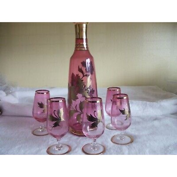 Glassware Crystal Decanter Rose and Gold with 5 Glasses Crystal Wedding