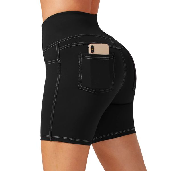 G4Free Womens Biker Running Shorts 8" High Waisted Yoga Shorts with Pockets Compression Jeans-Looking Sport Shorts for Casual