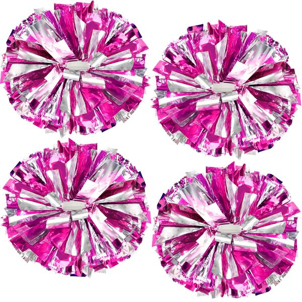 4Pcs Metallic Cheerleading Pom Poms, ZONITOK Cheerleader Pompoms with Baton Handle, Cheering Squad Pompoms for Kids Adults School Dance Sports Team Spirit Cheering (Rose+Silver)