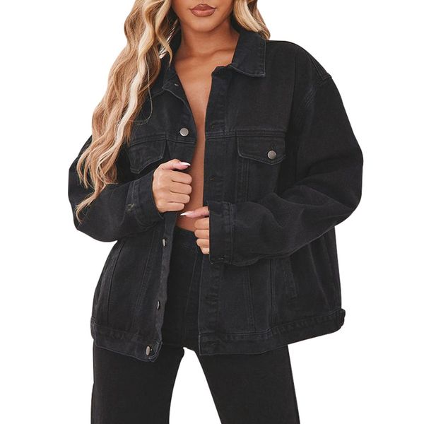 Black Denim Jacket for Women Oversized Casual Long Sleeve Jean Trucker Jackets with Pockets(Black,L)