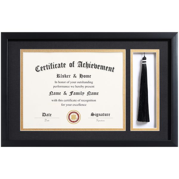 ELSKER&HOME 11x17 Diploma Frames with Tassel Holder for 8.5x11 Certificate Document Shadow Box, Matte Black Frame, Degree Double Mat, Black with Gold Rim