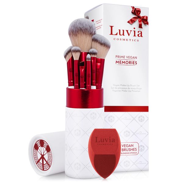 Set di pennelli da trucco professionale Luvia, idea regalo, Prime Vegan Memories Velvet Red, Pearl, 7 pennelli da trucco con contenitore per pennelli e spugna blender // Prime Vegan Memories Set