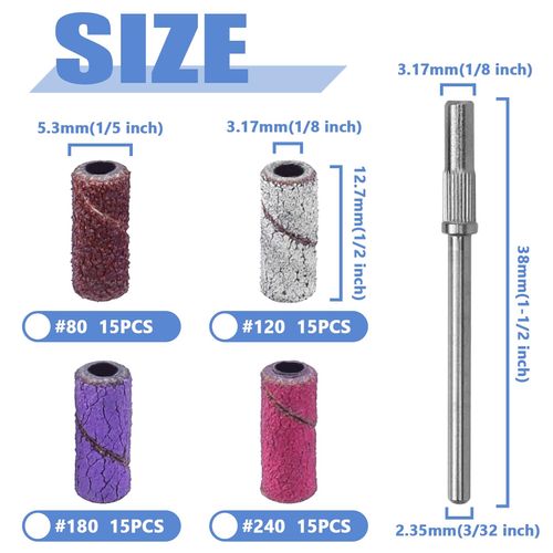 Mesee 60 Pieces Sanding Bands for Nail Drill, 4 Colors Small Sanding Band Nail Drill Bits 80# 120# 180# 240# Coarse Medium Fine Grit Efile Sand Set with Mandrel for Acrylic Nails Manicures Pedicures