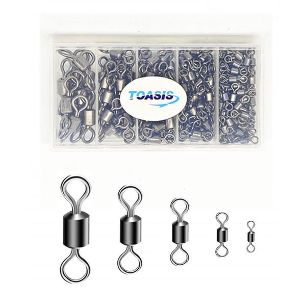 TOASIS 210pcs Rolling Barrel Fishing Swivel Set Assorted Sizes Test 70LB to 220LB