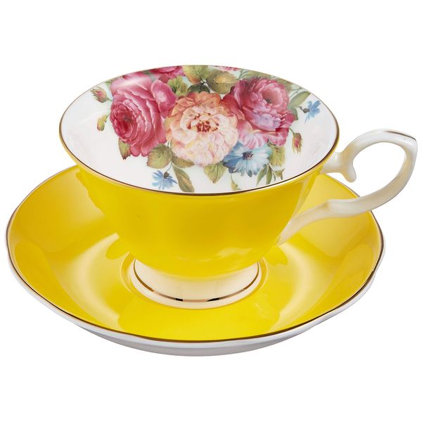 Royal Arden 37142 Coffee Tea Cup and Saucer Set, Pottery, Microwave Safe, Bone China, 8.5 fl oz (250 ml), Floral Rose, Yellow