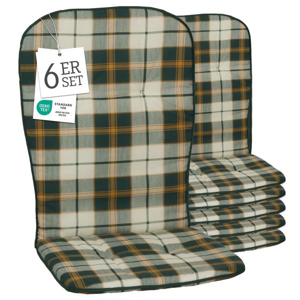 Beo Hochlehner Auflagen 6er Set Waschbar Kos | Made in EU nach Öko-Tex Standard | Atmungsaktive Gartenstuhlauflagen Hochlehner | UV-beständige Auflagen Hochlehner Kariert Beige Grün