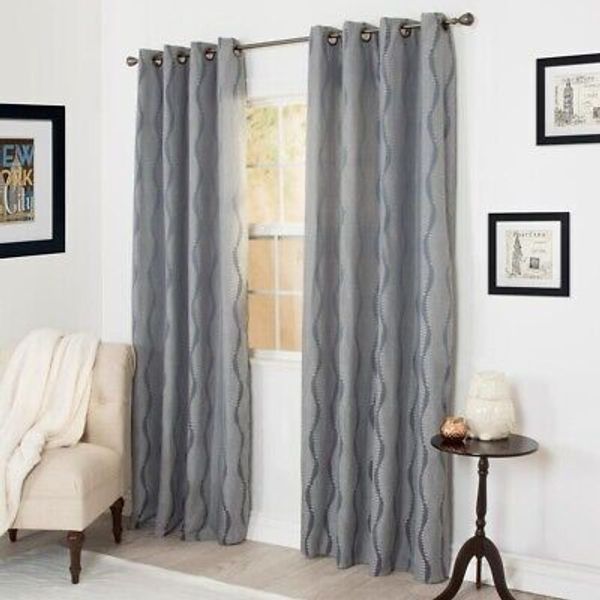 Lavish Home Angelina Jacquard Curtain Panel Set Blue / Gray 56 x 84 Opaque