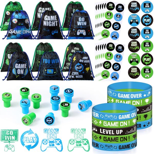 Talltalk 60 Pcs Video Game Party Favors Gamer Party Supplies Game Drawstring Bags Button Pins Wristbands Stickers Stampers Party Prize Set for Boys Girls Video Game Birthday Party Decor Supplies