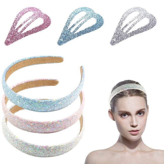 3 Stück Pailletten-Stirnbänder, 3 Stück Glitzer-Herz-Haarspangen, süße tägliche Accessoires für Frauen, Glitzerpuder Haarschmuck für Kinder (blau, weiß, pink)