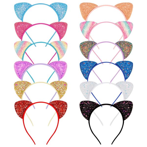 Aprince 12PCS Cat Ears Halloween Headbands for Women Cute Adult Cat Ears Headband Costume Accessories Headbands for Girls Cat Accessories Cat Woman Ears Animal Headbands Cat Birthday Decorations