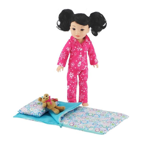 Emily Rose 14 Inch Doll Clothes & Accessories | 14-in Doll 3 PC Snowflake PJ Pajama Gift Set with Teddy Bear Bundled with 14" Doll Sleeping Bag Bedding with Pillow and Storage Bag