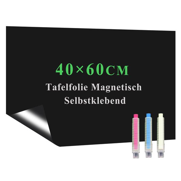 Lyzzxi Tafelfolie Selbstklebend, 40*60cm Magnetfolie Magnetisch Schwarz, Abwischbar Kreidefolie, Magnettafel Folie Kind Wand für Haus Büro Schule, mit Wasserbasierende Kreidemarkern & Tuche & Magnete