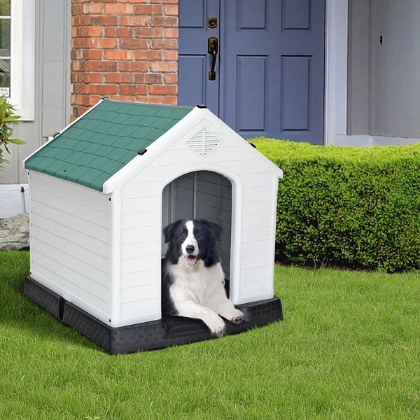 32'' Large Plastic Dog House Outdoor Pet Shelter for Various Animals Green Roof