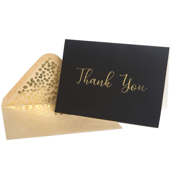 Thank You Cards -50 Pack Black and Gold Thank You Cards, Black Thank You Cards With Fancy Gold Foil letters- Include 52 Kraft Envelopes- For Funeral, Birthday, Wedding Thank You Cards - 4 x 6 inch