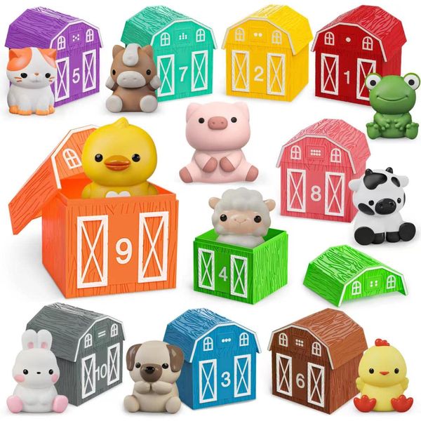 Learning Toy for Toddlers 1 2 3 Year Old, 10 Farm Animal Toys & 10 Barns, Counting, Matching & Sorting Montessori Educational Sensory Toys, Christmas Birthday Easter Gift for Baby Boy Girl 1-3