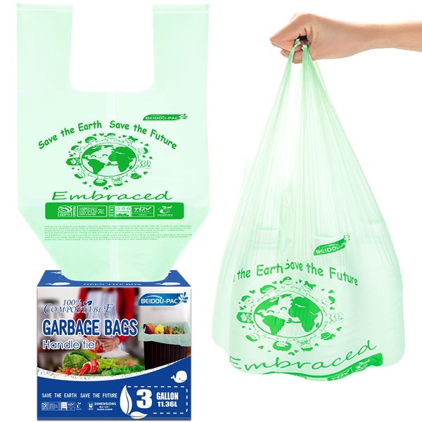 BEIDOU-PAC 100% Compostable Trash Bags, 3 Gallon Compost Bags Small Kitchen Trash Bags with Handle, 100 Count Sturdy Biodegradable Garbage Bags Food Scrap Waste Bags, ASTM D6400, US BPI Certified