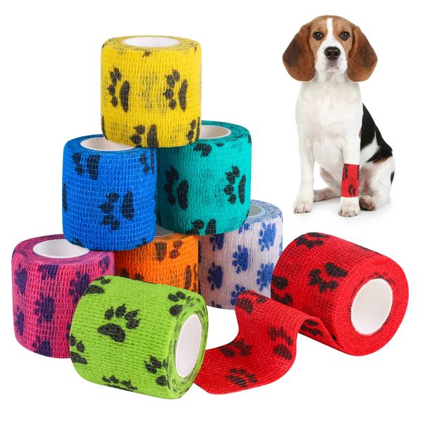 AKlamater 8 Rolls Pet Vet Wrap Self Adhesive Dog Bandage Cohesive Bandages Non-woven Pet Elastic Bandages Wrap Tape for Tail Paws Wrist,Ankle Sprains&Swelling,5cm x 4.5m