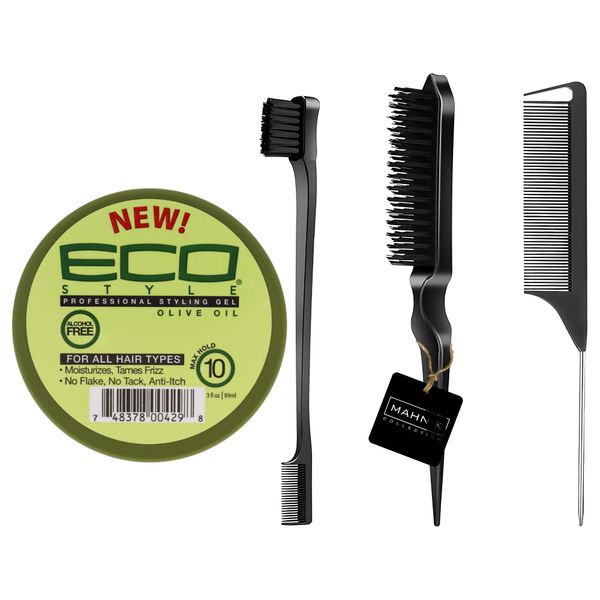 Edge Control Gel for Afro Hair & 3 Pcs Slick Back Hair Brush Set | Eco Style Professional Styling Gel Olive Oil 3oz with 3 Pcs Mahn K Collection Slick Back Brush | Perfect for Curly, Afro & Kids Hair