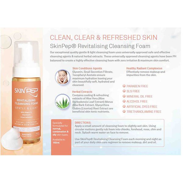 SkinPep Revitalising Cleansing Foam - Gentle And Light Face Cleanser + Vitamin E + Aloe Vera - Deep And Gentle Cleansing Foam - SkinPep Makeup Removing Cleanser (100ml)