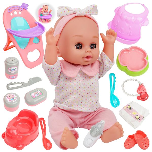 14" Baby Doll, Dolls Play Set with Open/Close Eyes | 15 Piece Gift Set with Bottle, High Chair, Pacifier & Accessories | First Baby Dolls for Kids Ages 3 and Up