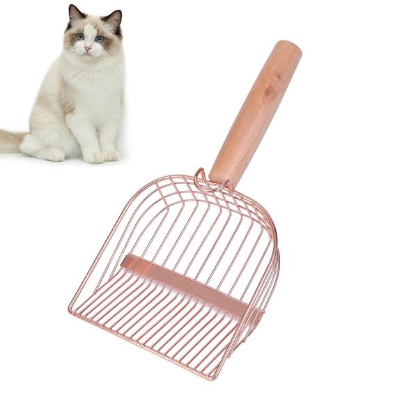 Cat Litter Scoop, Large Stainless Steel Sifter with Wooden Long Handle,Kitty Metal Deep Shovel Scooper,Poop Sifting, Kitten Pooper Lifter for Litter Box with Hook