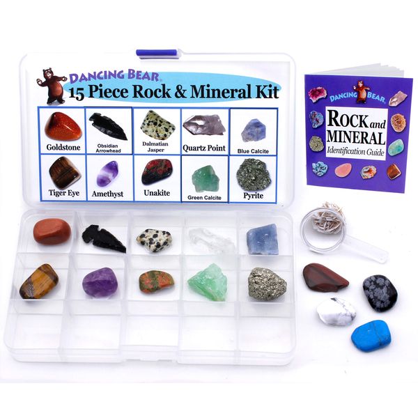 DANCING BEAR -15 Pc Rock & Mineral Collection with Collector Box/Display Case, ID Sheet, Rock Book, Magnifying Glass, Beginner Starter Set, Kids' Gemstone Crystal Kit, STEM Geology Science Education