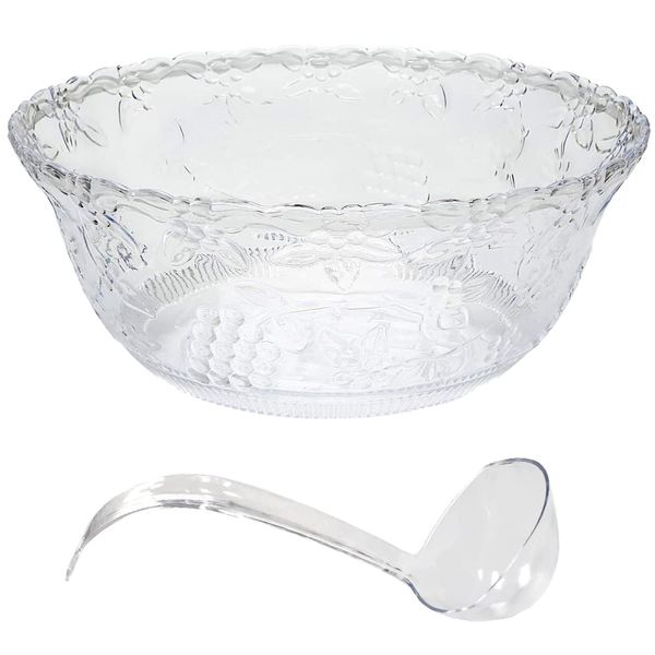 Premium Large Clear Punch Bowl Plastic Lightweight 2 Gallon with Clear Plastic Serving Ladle 5 oz Embroidered Design 8 Quart Serving Bowl