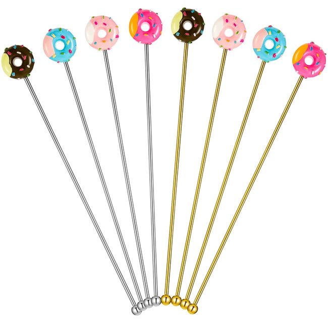 8 Pcs Coffee Stirrers Reusable 7.5 Inch Donut Sticks Swizzle Cocktail Spoon Stainless Steel Long Handle Tall Spoon for Coffee Beverage Cocktail Drink, Gold and Silver