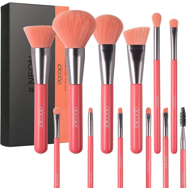 Docolor Makeup Brushes 10Pcs Makeup Brush Set Premium Synthetic Powder Kabuki Foundation Contour Blush Concealer Eye Shadow Blending Liner Make Up Brush Kit,Neon Peach