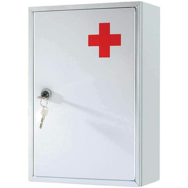 Greenfields Medicine Cabinet Steel First Aid Storage - Wall Mount Lockable Metal Case Box - Ideal for Home, School, Office - Emergency Locker Medical Cabinet - 21.5 x 8 x 32cm