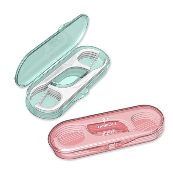 2pc His and Hers Travel Dental Floss Picks | 20 Reusable Dental Picks | Pink and Green | Teeth Tooth Pick Dental Floss Holder | Travelling Storage Refillable | Flossing Kit | Floss Picks for Teeth