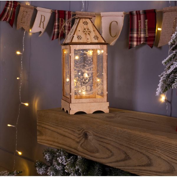 Battery Powered Wooden Christmas Lantern with LED String Lights - Create a Festive, Cosy Glow